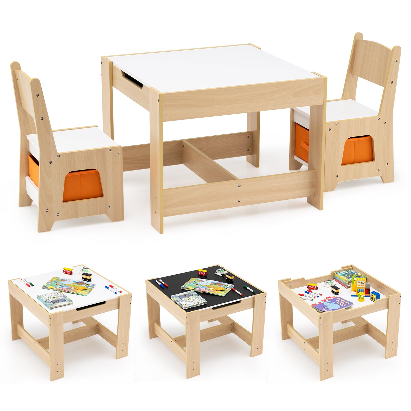 COSTWAY Juego de Mesa y Sillas Infantil, Mesa de Actividades 3 en 1 para Niños con Superficie Reversible y Cajas de Almacenaje, Set de Muebles Infantil de 3 Piezas (Naranja)