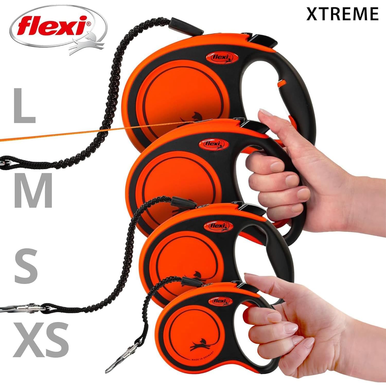 flexi® Xtreme L | 8m Gurt Roll-Leine für Hunde bis 55 kg | schwarz/orange | ausziehbare Hundeleine | Gewicht 639.5 gr | Maße 14.7 x 21.0 cm
