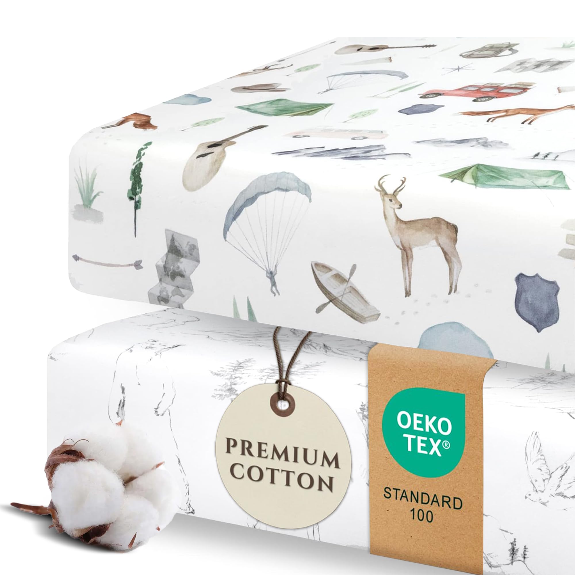 FIVANGIN 2er-Pack Premium-Spannbettlaken für Babybett-Matratze – ultraweiches Baumwollmischgewebe, sicher und anschmiegsam, und stilvolles Woodland-Kinderbettlaken (Entdecken Sie)