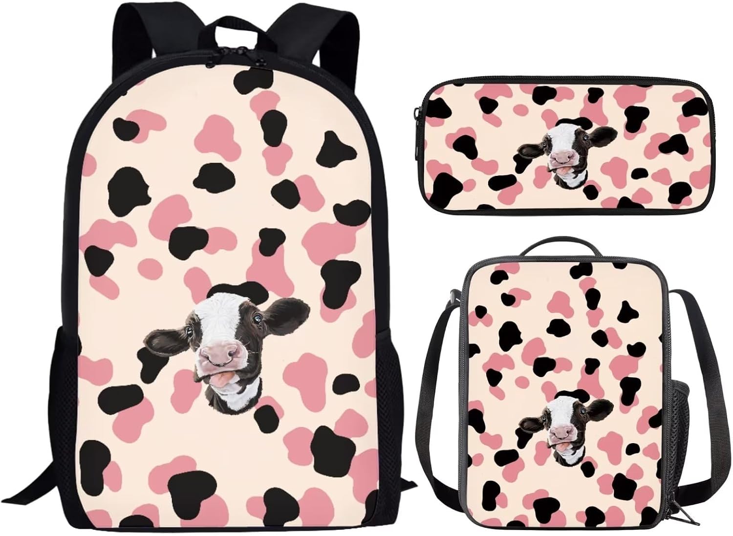 Kids Funny Pink Cow School Backpack Set for Girls Boys Personalized Graphic Print Bookbag Student Lightweight Comfy Padded Aesthetic Backpack with Lunch Box Pencil Bag
