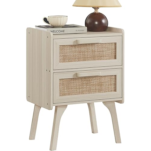 Lerliuo Rattan Night Stand, Boho 2 Drawers Nightstands, Grey White Bed Side End Tables with Solid Wood Legs, Bedside Table for Bedroom, Dorm and Small Spaces