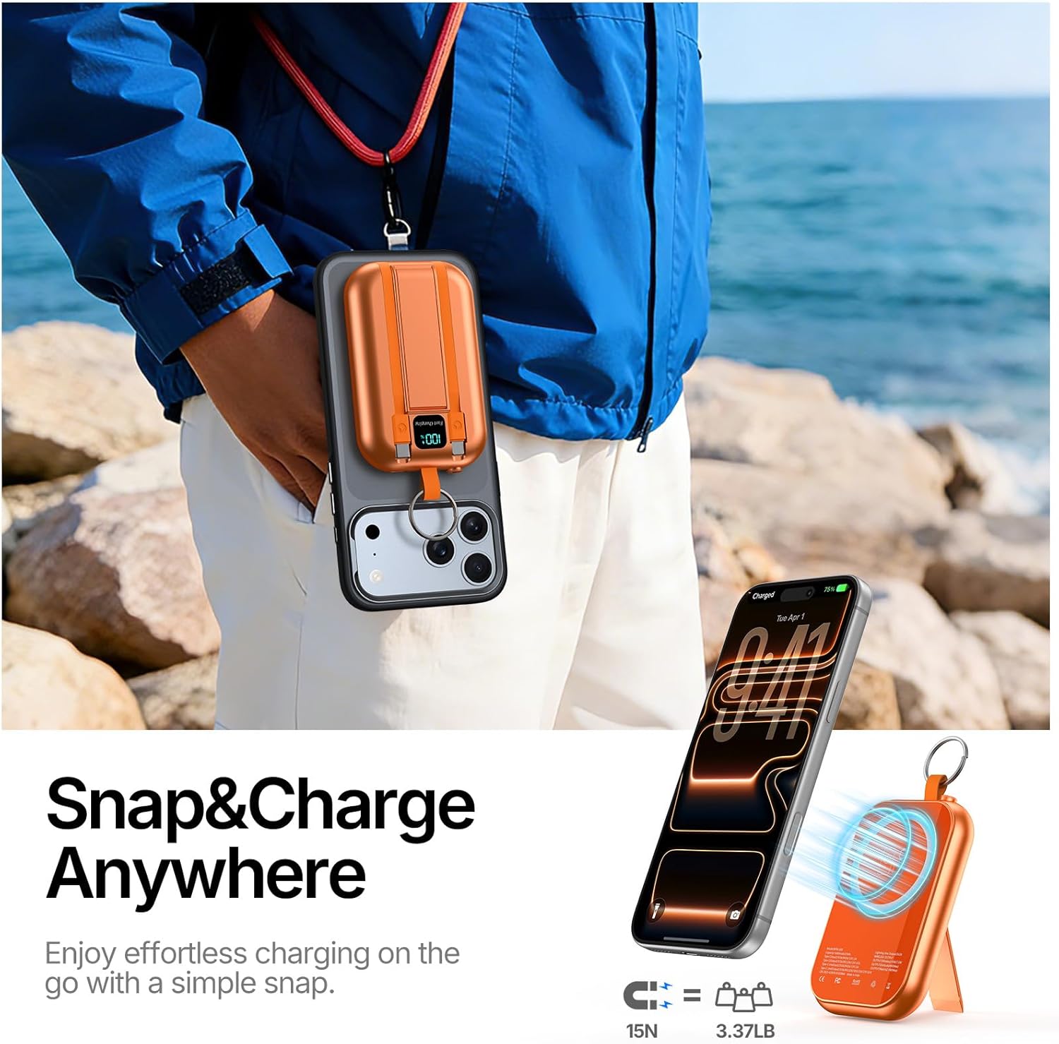 for Magsafe Portable Charger, 10000mAh Wireless Power Bank with Built-in 2 Cables, USB C PD 22.5W Fast Charging Powerbank, Keychain Battery Pack with LED Display for iPhone, AirPods & iWatch - Image 6