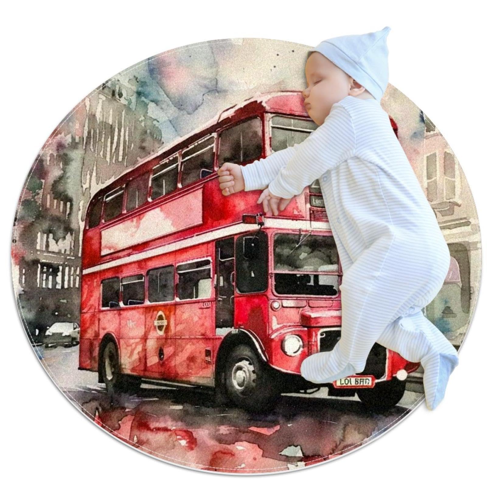 Tapis de salle de bain vintage bus londonien rond 1m antidérapant déco chambre et salon