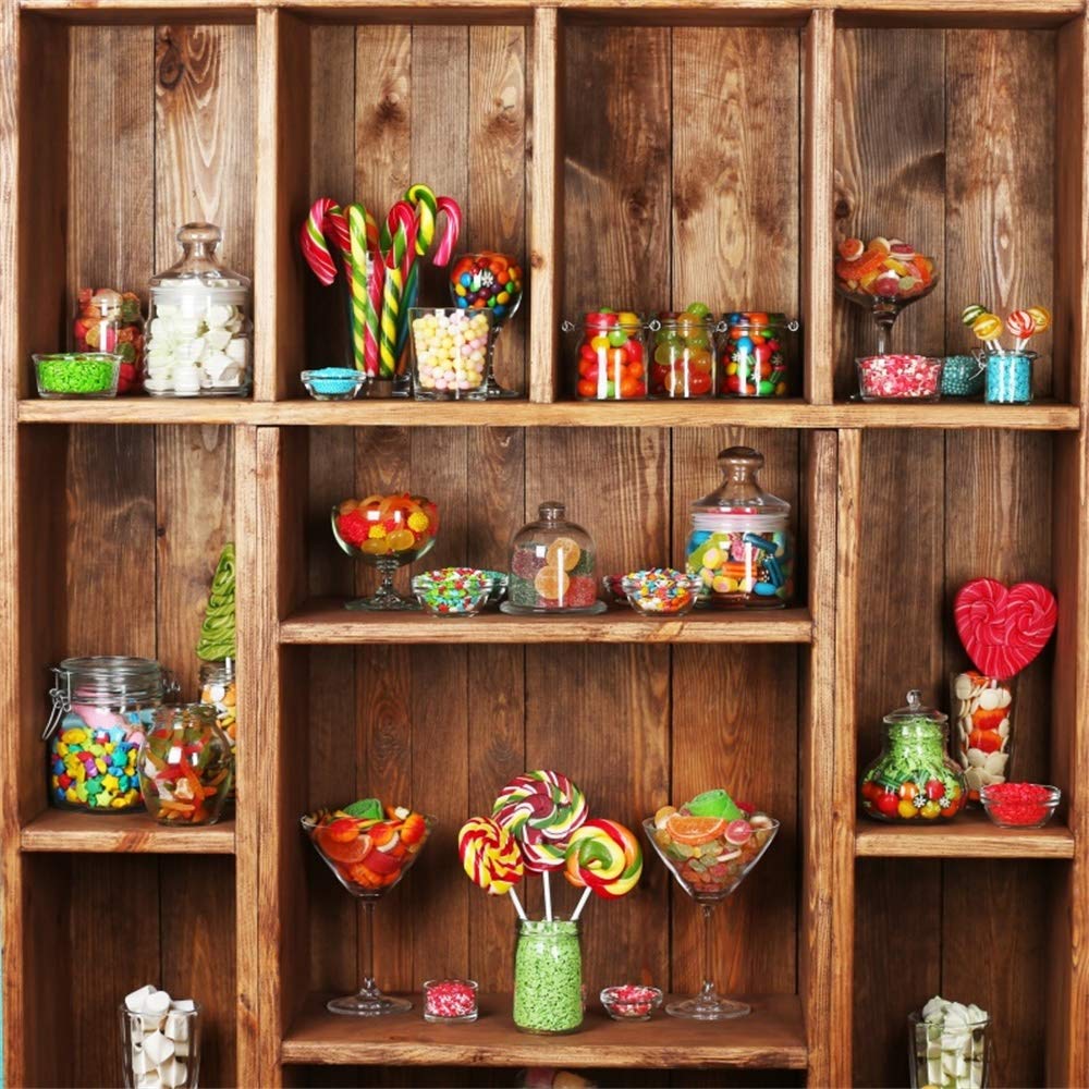 AOFOTO 6x6ft Sweets Candy Shop Backdrop Vinyl Candies Lollipop Wooden Shelves Background for Photography Kids Adutls Birthday Party Events Decoration Photo Studio Props Wallpaper