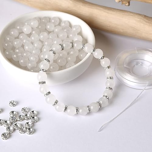 Miniatura 4 de Hixhro 36 cuentas de piedras preciosas de jade blanco de 0.394 pulgadas para hacer joyas con cuentas espaciadoras de cordón elástico de cristal