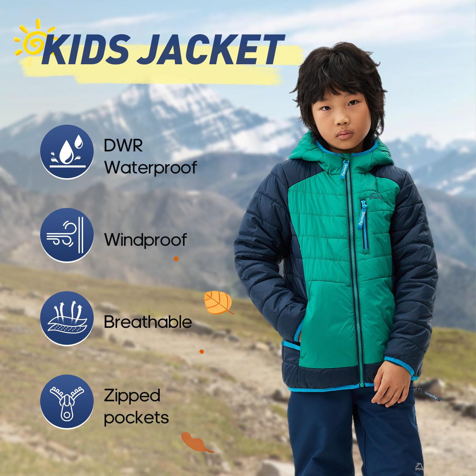 SMONTY Kinder Daunenjacke – wasserabweisend und leichter Mantel für Jungen und Mädchen mit vernähten Nähten – ideal für Frühling, Herbst, Camping, Wandern und Reisen
