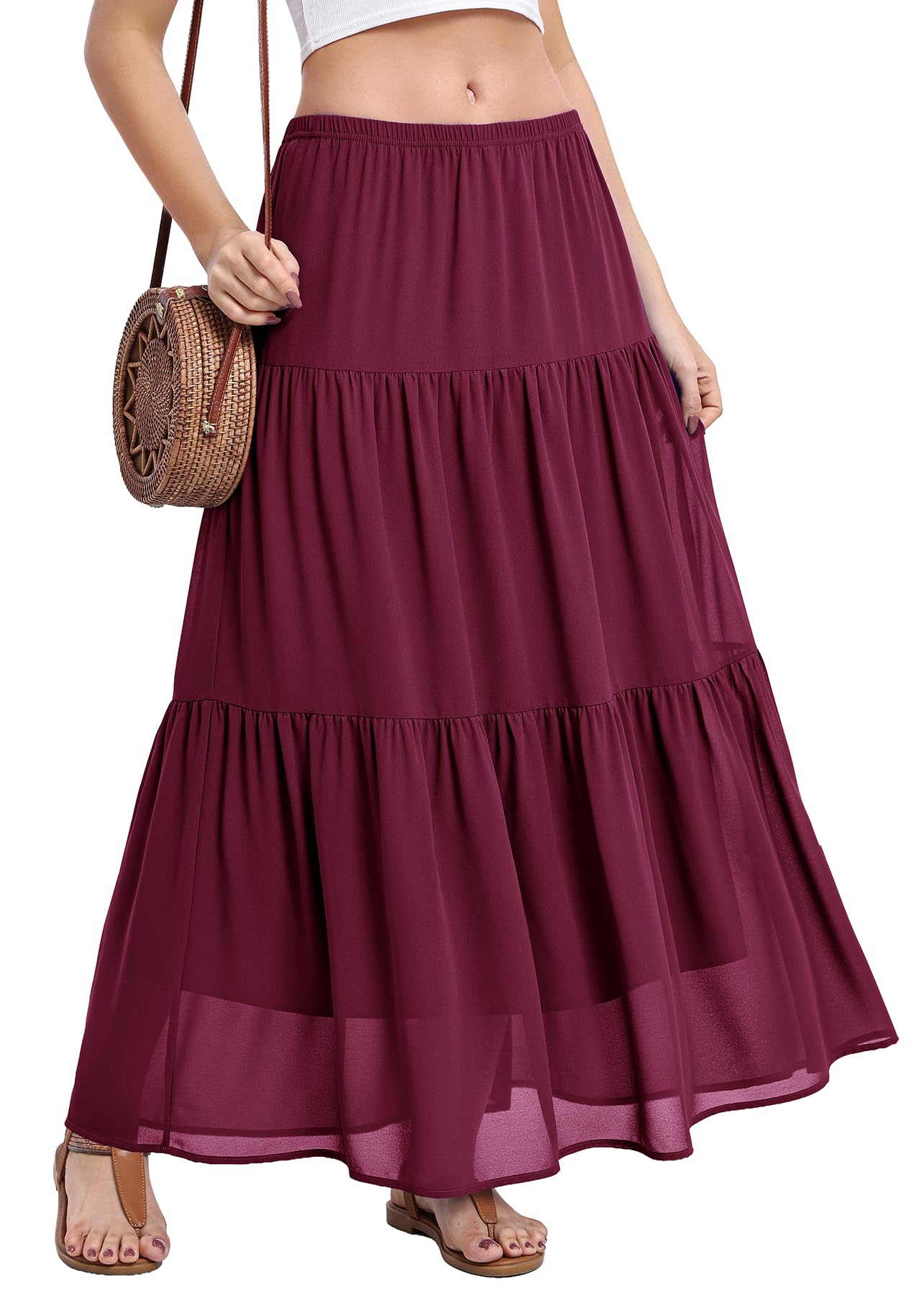 BEIGAI Rock Damen Sommer Elegant Hohe Taille Maxirock Lang Freizeitrock | Leicht Fließend A-Line Sommerrock, Elastischer Bund, Bohemien, Casual, für Alltag und Urlaub