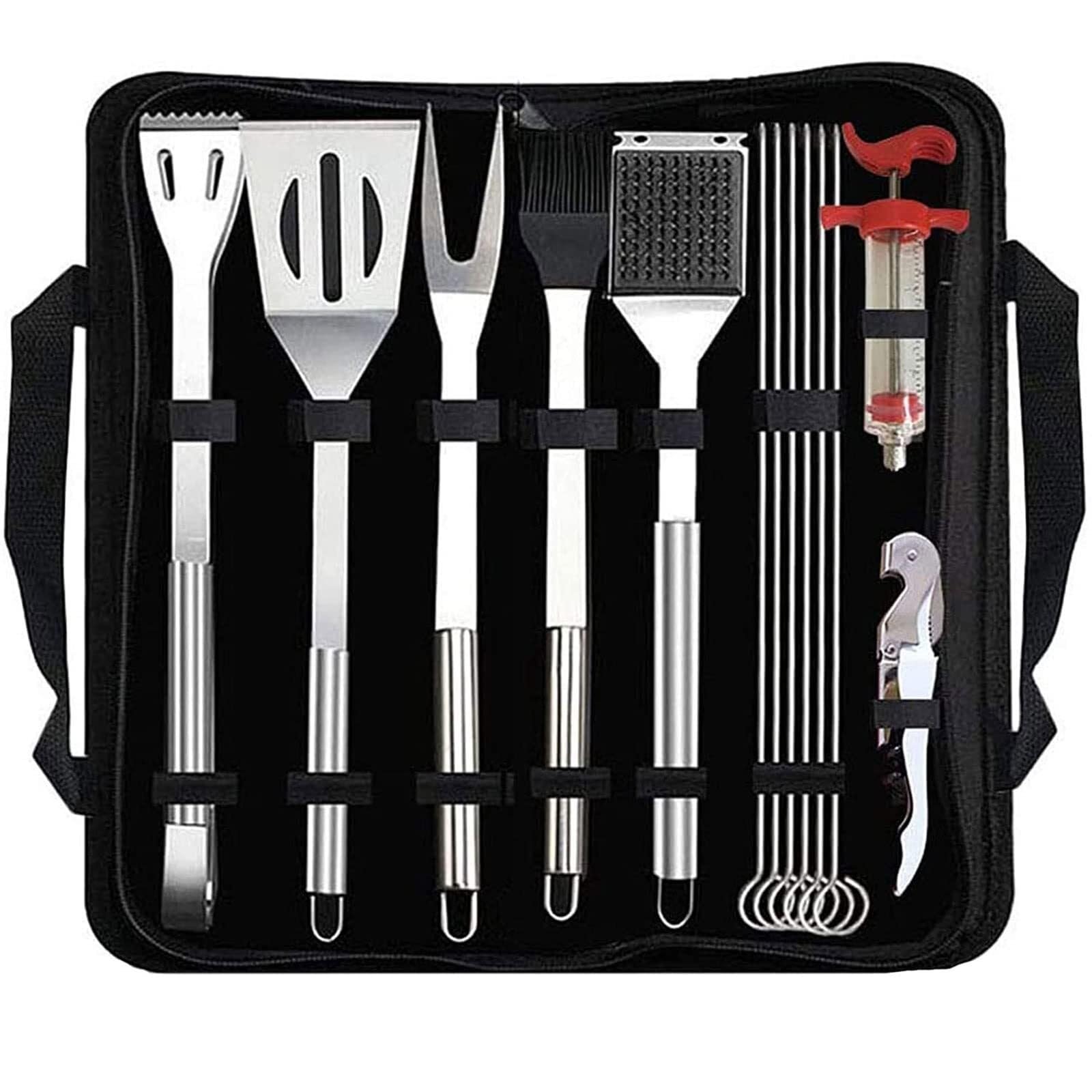 Set di 13 Utensili per Barbecue, in Acciaio Inox, con iniettore, Utensili e Borsa portaoggetti.