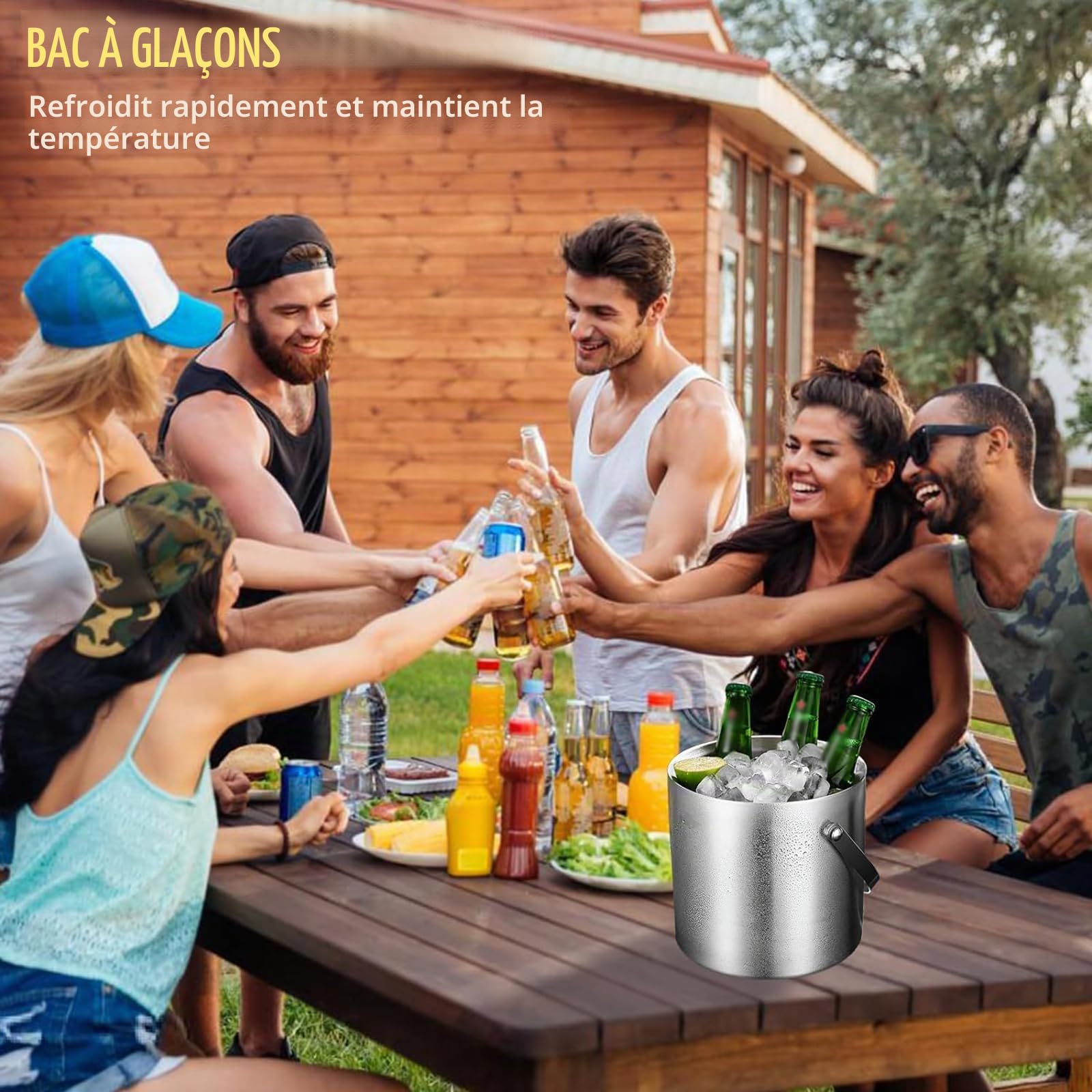 Bac à glaçons rond avec tamis et pince à glace, bac à glaçons de 2 l, seau à glace en acier inoxydable, seau à glace avec pelle, refroidisseur à glaçons pour bar, pour refroidir la bière, le champagne