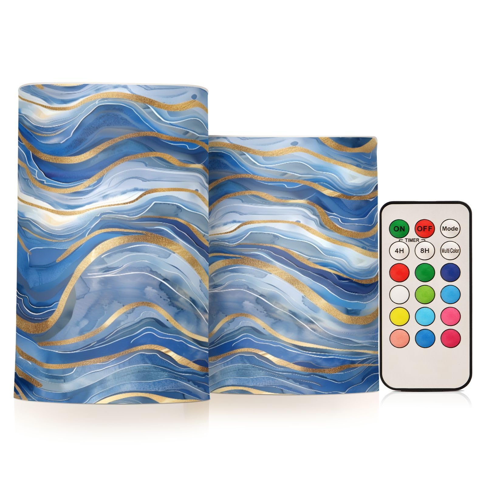 Flickering Flameless Candles Blue Gold White Marble LED Candles with Remote Timer Set of 2 Battery Operated Candle Home Decoration