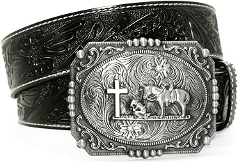 Moranse Belts With Religion Cross Cowboy Kneeling Prayer Buckle,Genuine Cow Leather,Classic and Retro Pattern Fashion Designs