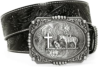 Moranse Belts With Religion Cross Cowboy Kneeling Prayer Buckle,Genuine Cow Leather,Classic and Retro Pattern Fashion Designs