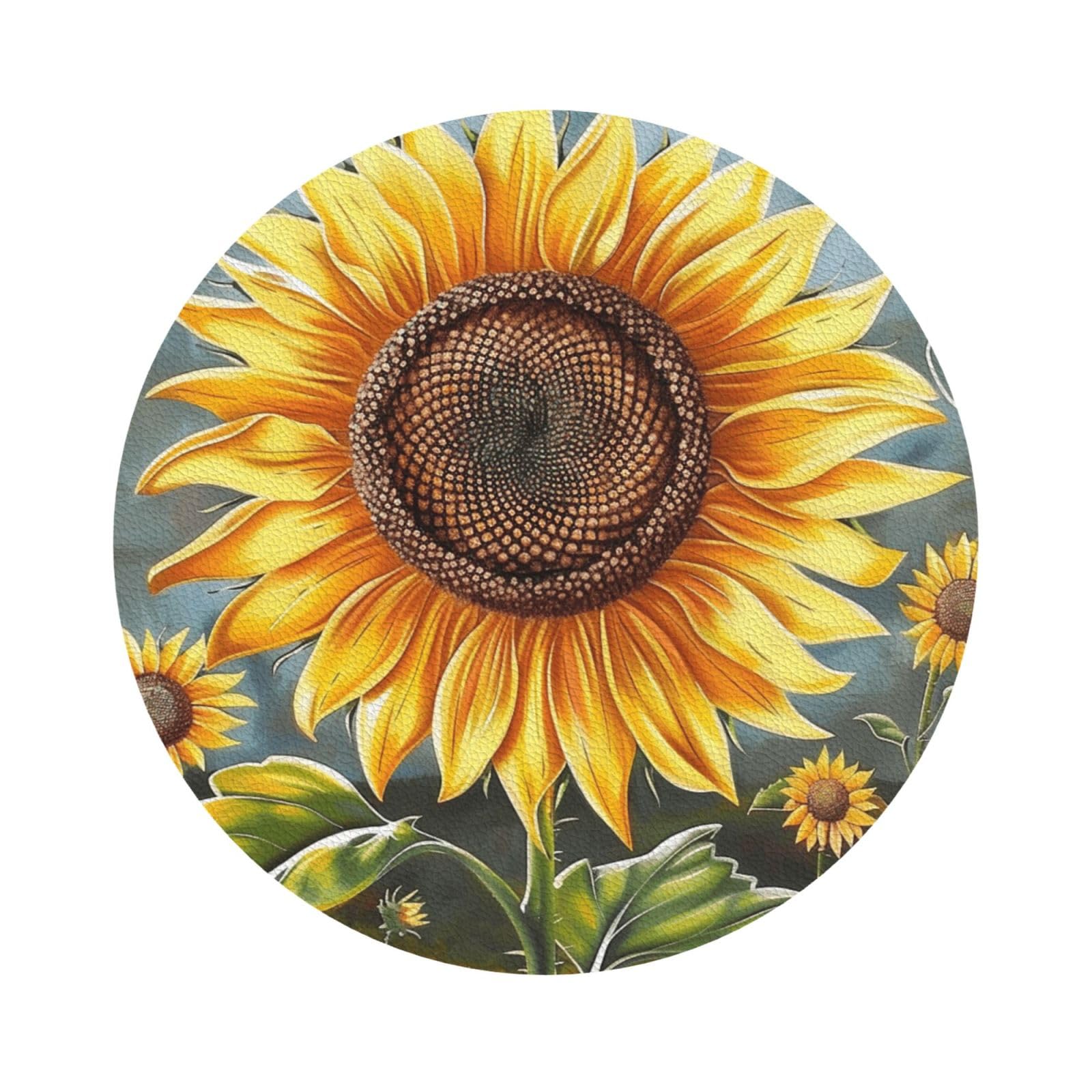 You Are My Sunshine Sunflower Print Leather Coaster Set of 6, Round Shape Coasters Table Decorative Coffee Cup Beverage Coasters Wine Beer Bar Coasters for Hot Drinks Table Protection