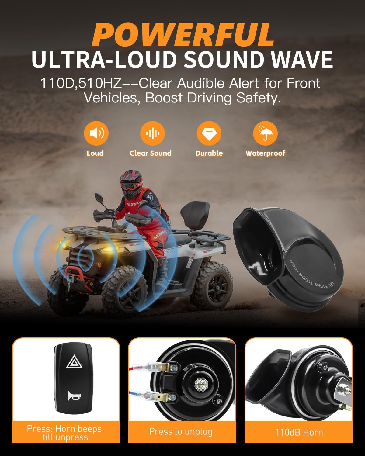 UTV Turn Signal Kit, 110dB Horn Pre-Wired Plug & Play Street Legal Blinker Kit with Hazard Lights & Rocker Switch, Compatible with Polaris RZR Ranger, Can-Am, Teryx, CFMOTO, ATV Golf Cart