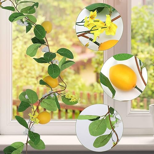 Miniatura 6 de DULRLLY Guirnalda artificial de limón de 63 pulgadas, guirnalda de vid de frutas falsas para primavera y verano, con limones y flores, guirnalda de