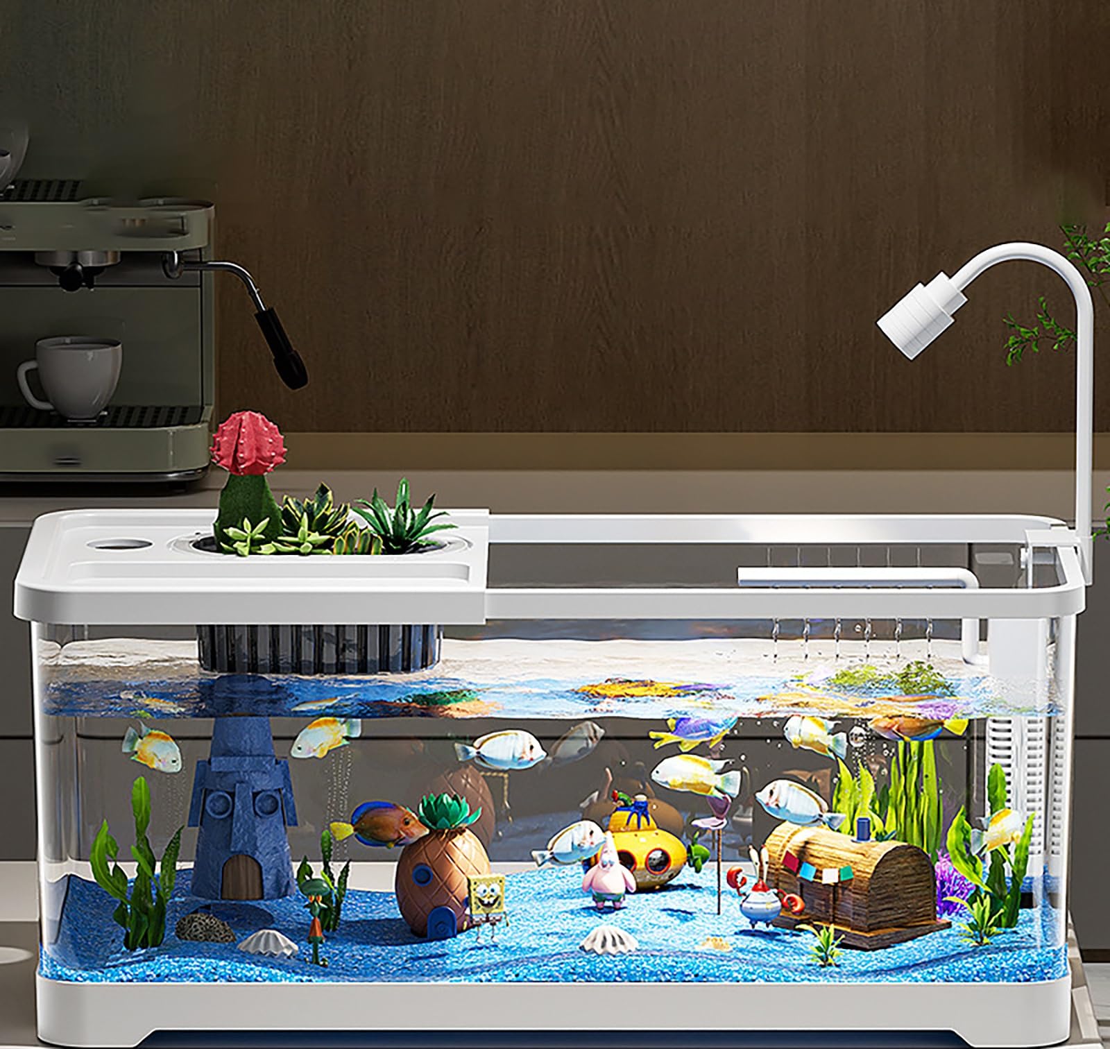 Acuario acrílico con luz LED, filtro y suministro de oxígeno, kit de inicio transparente y silencioso para principiantes