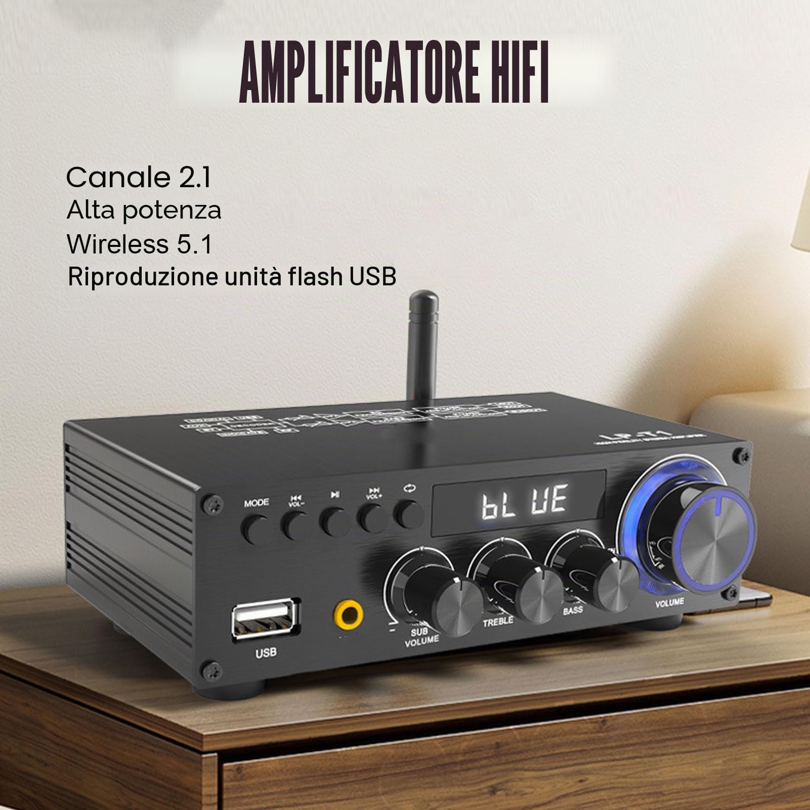 Bewinner Amplificatore Stereo a 2.1 Canali con Bluetooth 5.1, Ricevitore Amplificatore Subwoofer Digitale HiFi con Telecomando, Ricevitore Home Theater HiFi (Spina Europea)
