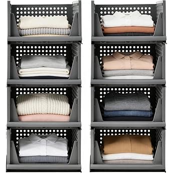 RMAN Pack of 8 Drawer Boxes Wardrobe Organiser Cupboard Stackable Plastic Shelf Storage Box Stacking Drawers for Clothes Kitchens Bedroom Grey