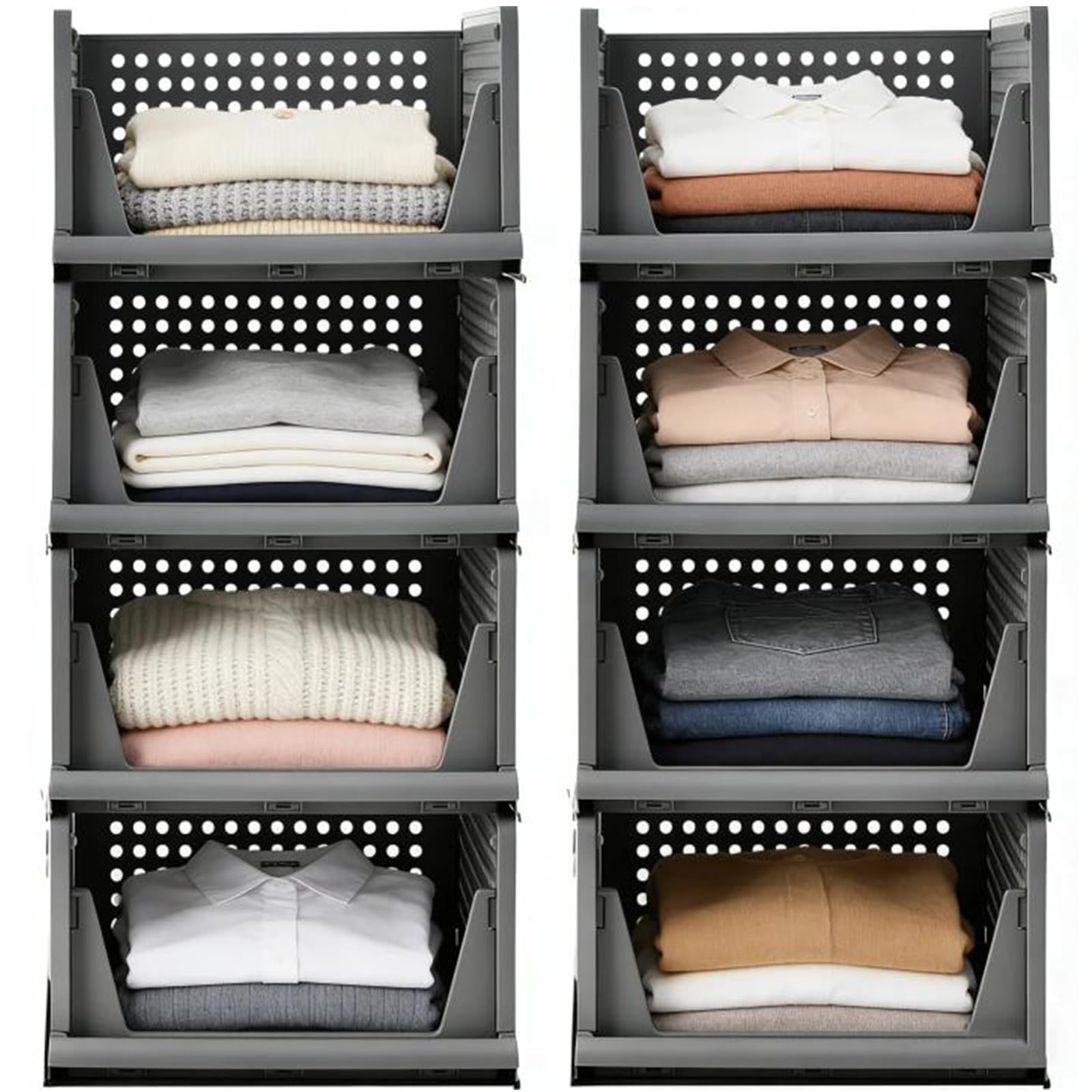 RMAN 4 stuks kast organisatoren opbergdoos stapelbare opbergdozen multifunctionele garderobe organizer plastic opbergdozen voor slaapkamer, badkamer, kledingkast, ruimtebesparende, grijs