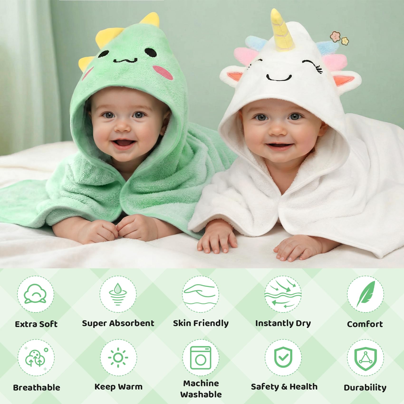 9 PCS Baby Bath Towels for Newborn Essentials (Dinosaur, Unicorn, Bear) view 3