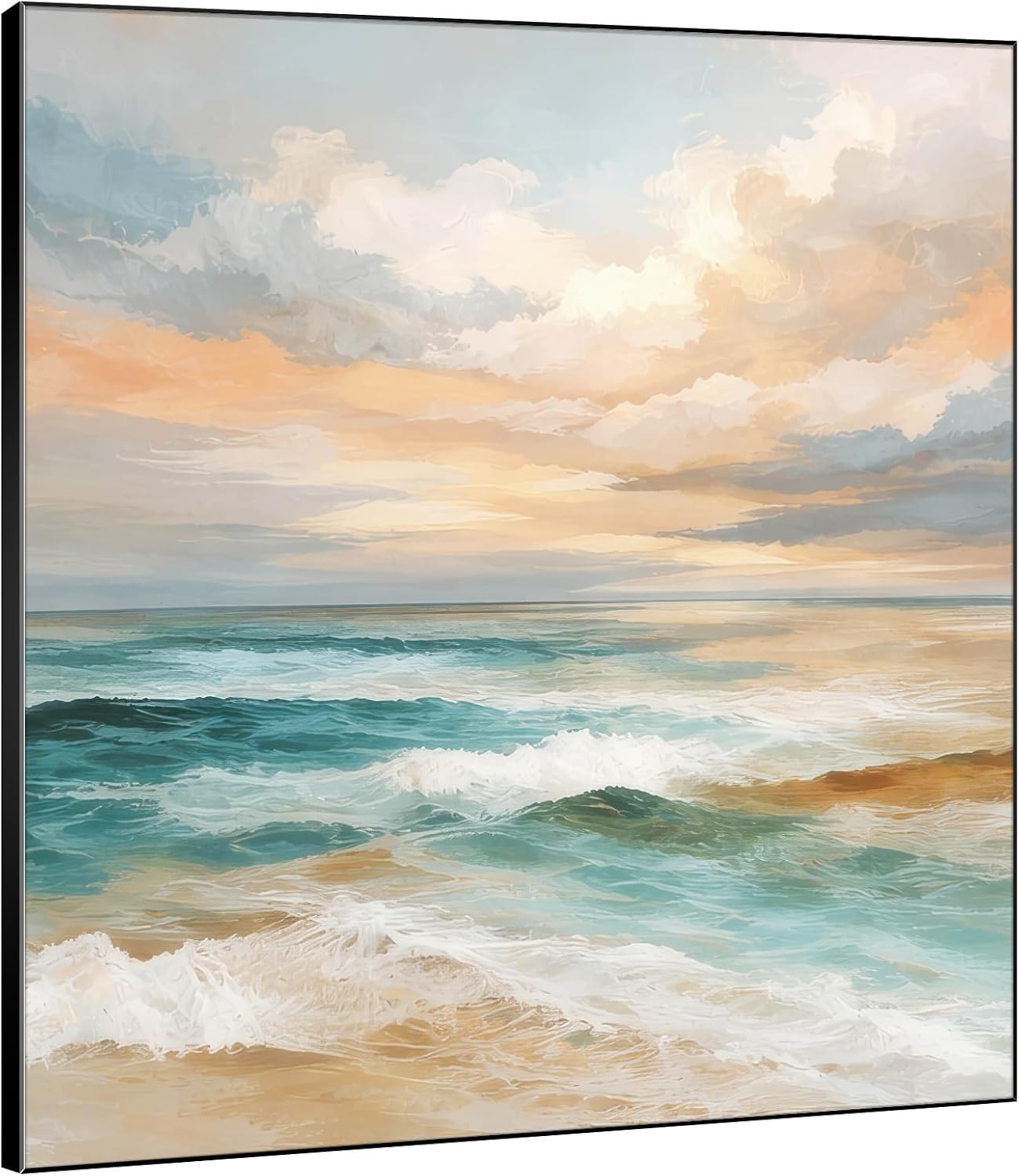 SIGNWIN 46"x46" Extra Large Framed Wall Art Coastal Beach Sunset Abstract Ocean Waves Modern Minimalist Neutral Print for Home Living Room Bedroom Decor (Frame Assembly Required)
