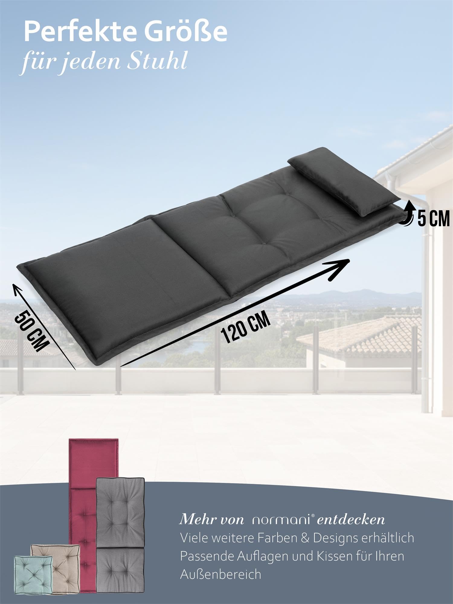 4er-Set Stuhlauflagen Hochlehner mit Kissen - Sitzpolster Gartenstuhlauflagen für Draußen und Drinnen aus pflegeleichtem und wasserdichtem Outdoor Material 120x50 cm Made in EU Farbe Anthrazit