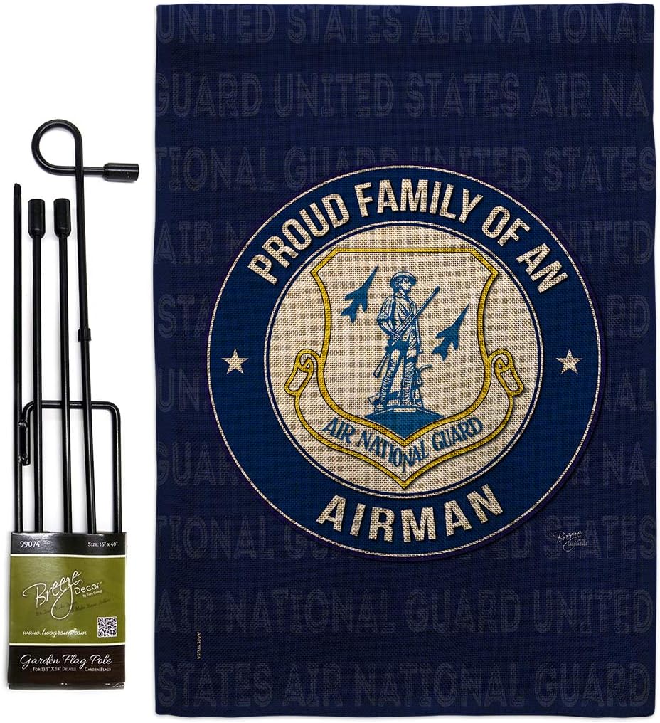 Air Force Proud Family Airman Burlap Burlap Garden Flag Set with Stand Armed Forces National Guard ANG United State American Military Veteran Retire Official Gift Yard House Double-Sided 13 X 18.5