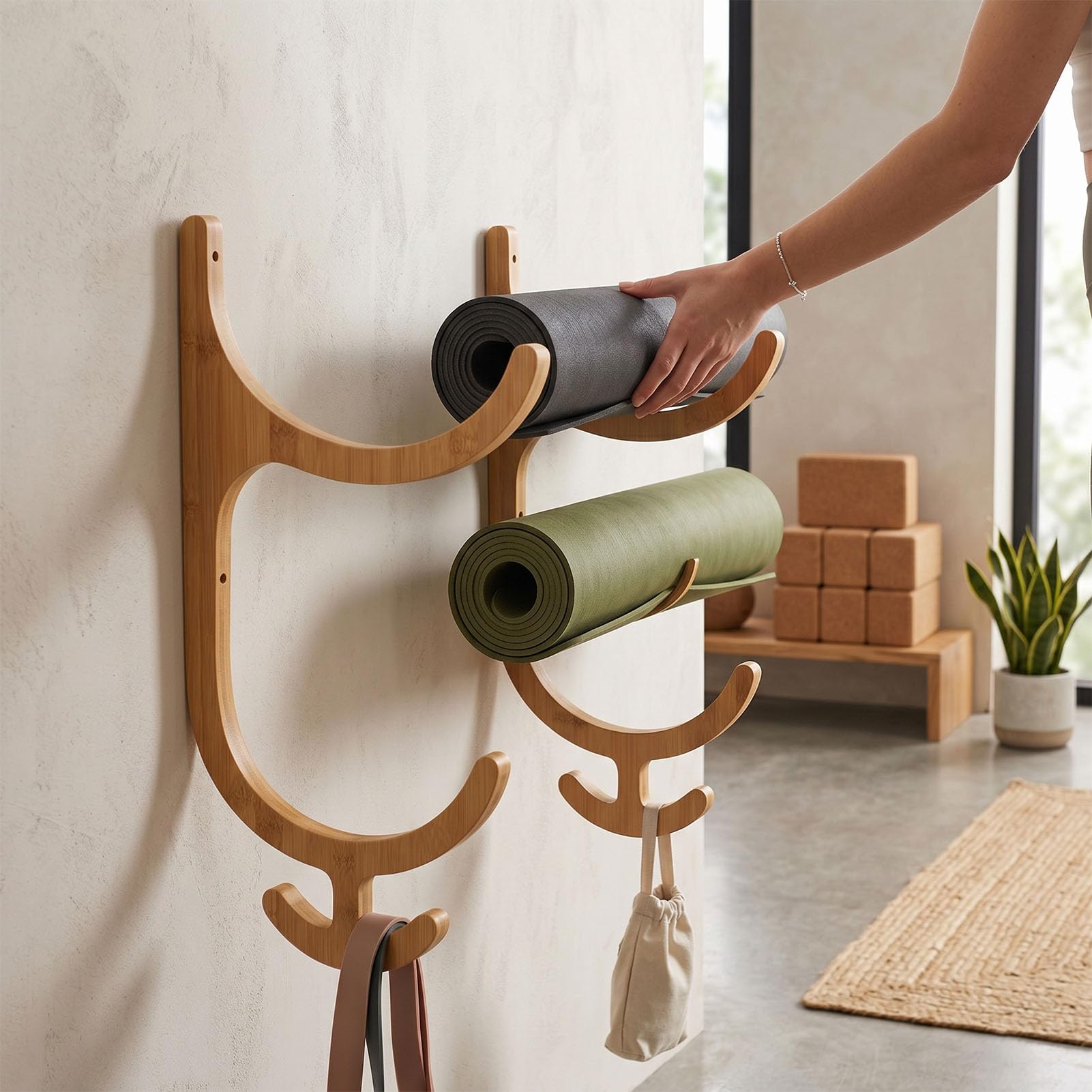 Sxhlseller Portaoggetti per Tappetini da Parete in bambù, Organizer da Palestra a 2 Livelli con 4 Ganci per Borse Fitness e Rulli in Schiuma, Display Verticale per Attrezzature per Allenamento a Casa