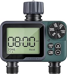 Sprinkler Timer 2 Zone & Digital Water Timer for Garden Hose, Yard, Lawn, Pool – Programmable Irrigation Controller with Rain Delay, IP66 Waterproof Auto & Manual Irrigation System