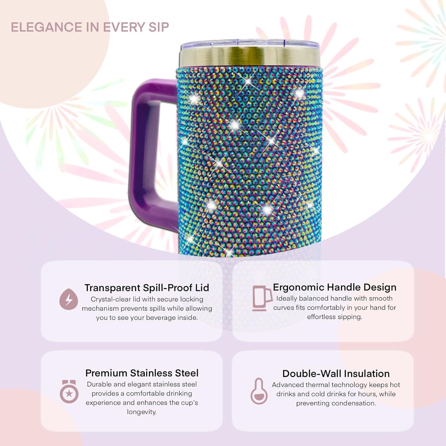 20oz Bling Tumbler With Handle Stainless Steel Rhinestone Insulated Cup with Lid and Straw Double Wall Vacuum Coffee Cup Reusable Glitter Travel Coffee Mug for Cold and Hot (Purple) - Image 4