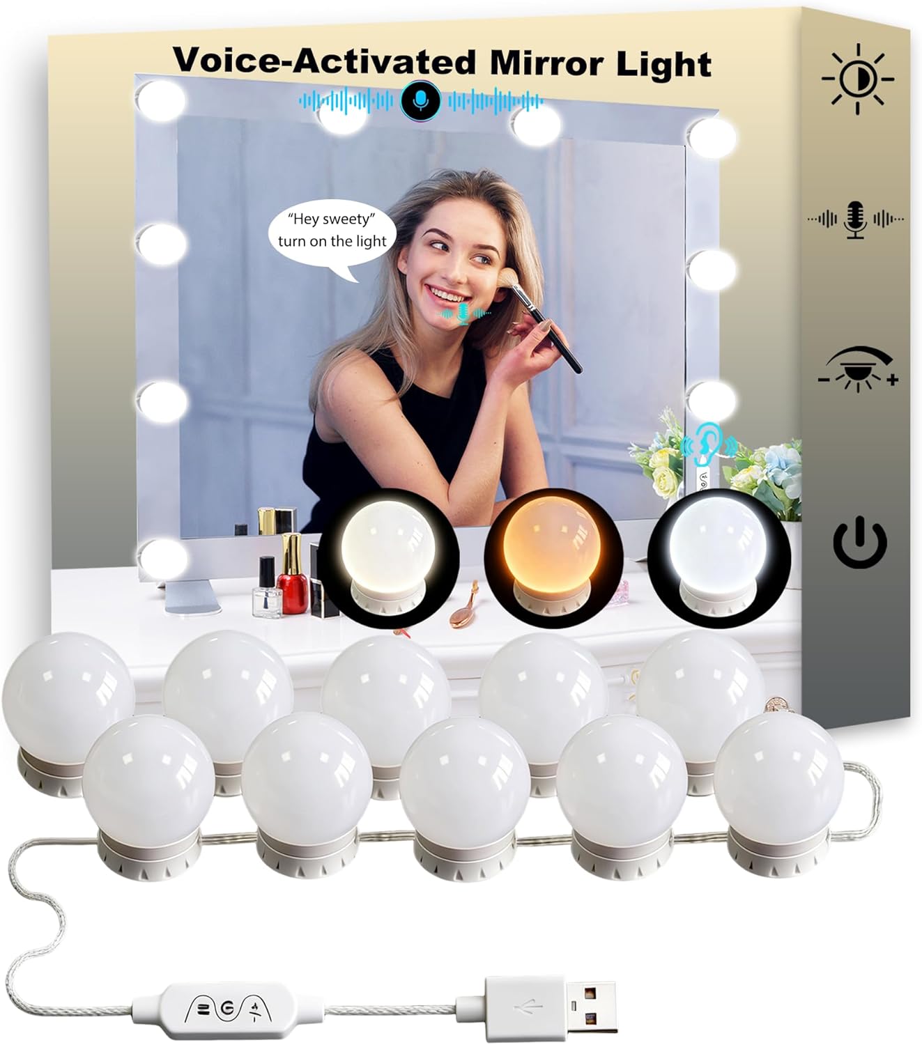 ZOKON LED Voice-Activated Vanity Lights for Mirror Consciot Hollywood Style Vanity Lights with 10 Dimmable Bulbs（White-Voice- Hollywood Style-Lights）