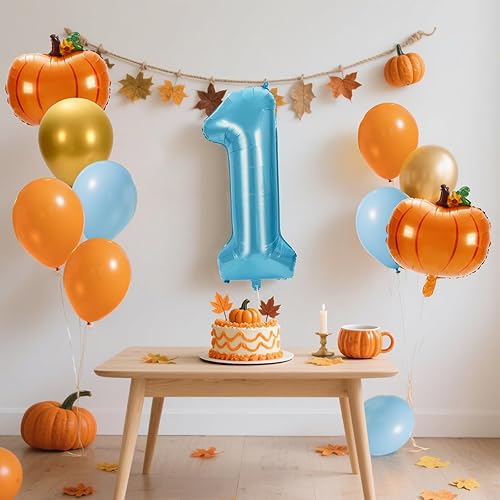Miniatura 5 de Whaline 17 globos de calabaza para el primer cumpleaños, globos de calabaza número uno, globos azules, dorados, naranjas, para otoño, Acción de
