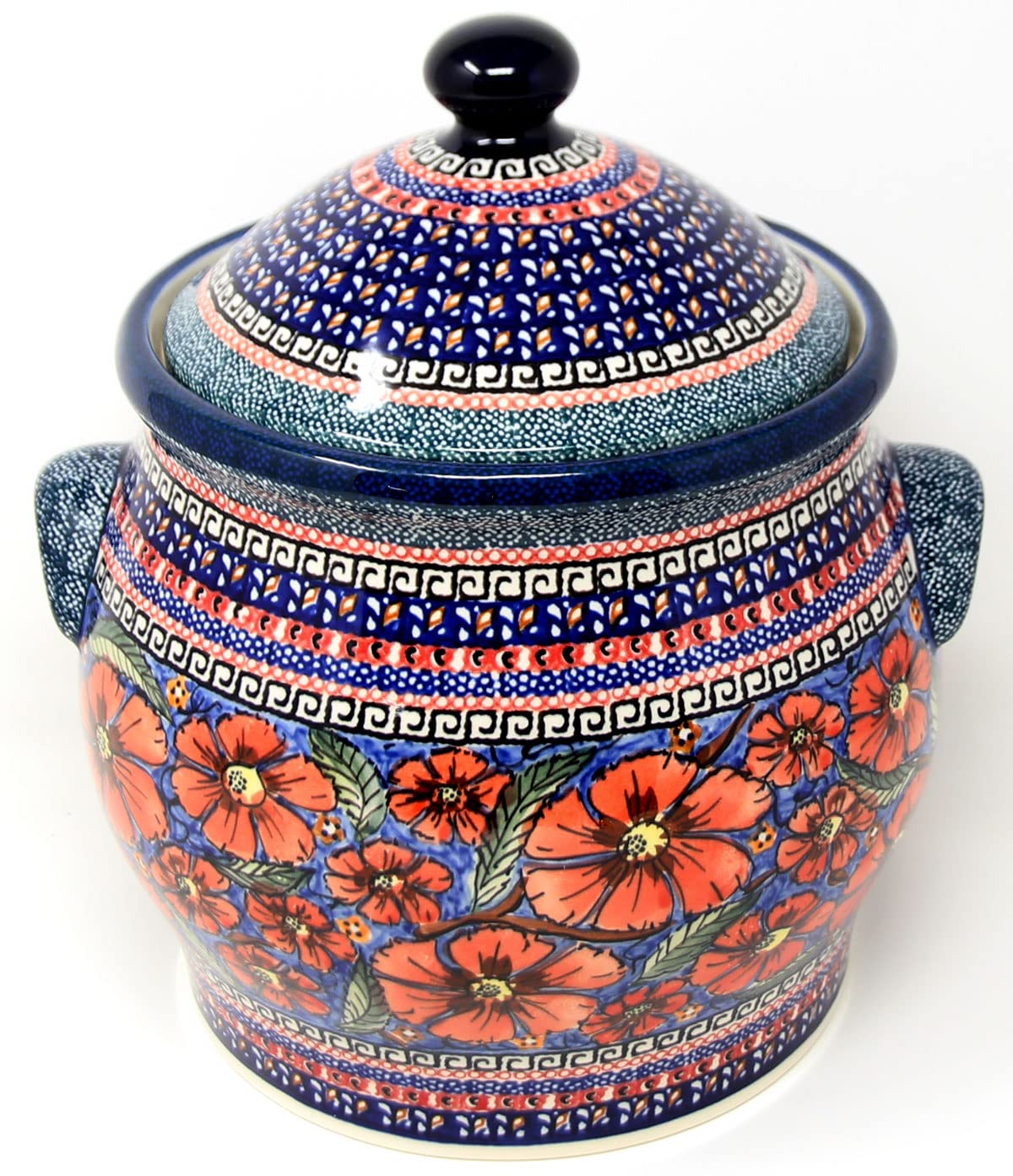 Extra Large 6 Quart Polish Pottery Cookie Jar/Canister in Poppies Unikat Pattern from Zaklady, signed by Lidia Kulka