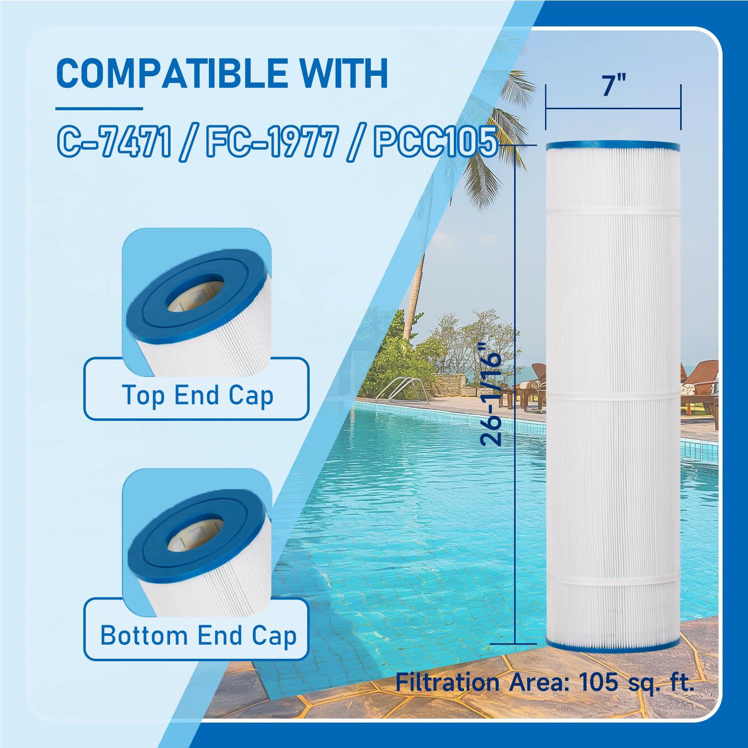 BLUEFLO PCC105 Pool Filter Cartridge Replacement for Unicel C-7471, PCC105-PAK4, Pentair CCP420, Filbur FC-1977, Pentair Clean and Clear Plus 420, R173576, 817-0106, 26-1/16” x 7, 4 Pack
