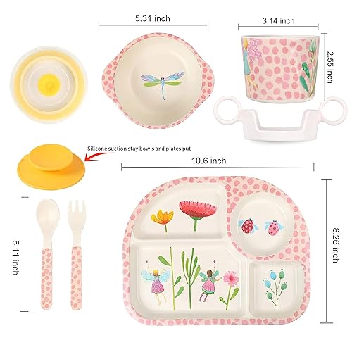 Miniatura 2 de Shopwithgreen - Juego de 5 piezas de fibra de bambú para la comida de los niños plato, tazón, taza, cuchara y tenedor decoración de dibujos