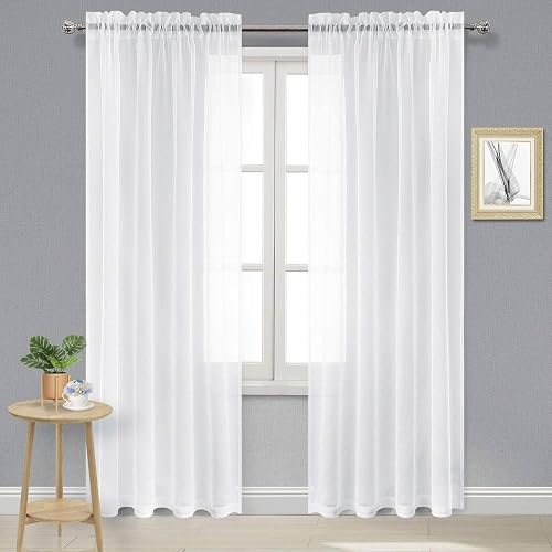 DWCN 70 Inch Wide White Sheer Curtains 102 Inch Long Rod Pocket 2 Panels | Light Filtering Voile Drapes for Bedroom/Living Room Airy Lightweight Elegant Window Treatments, 70" W x 102" L