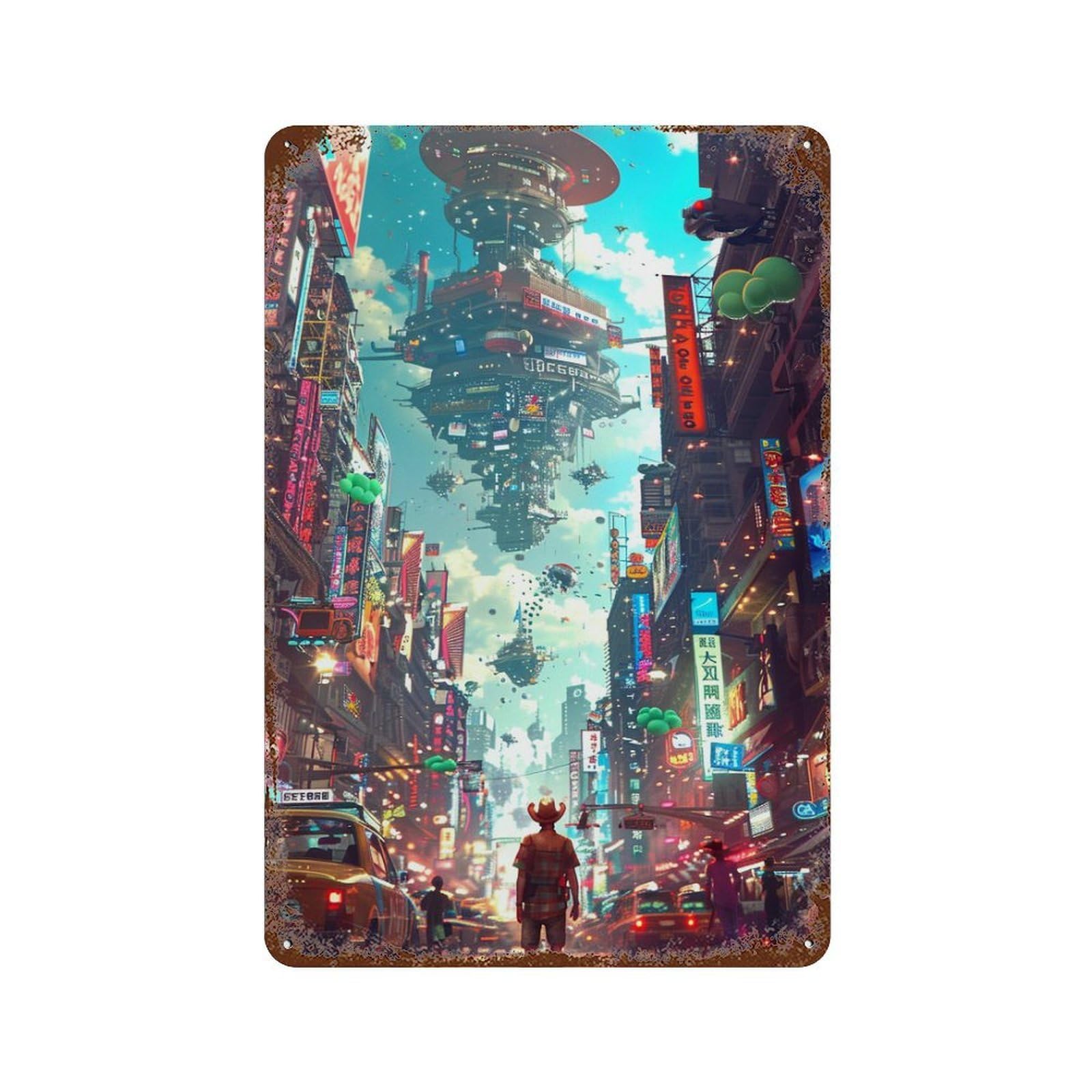 Rust Effect Cityscape-1 Vintage Rust Metal Sign 11.8"x7.9", Old School Wall Decor for Cafe, Home Bar And Lounge Decor