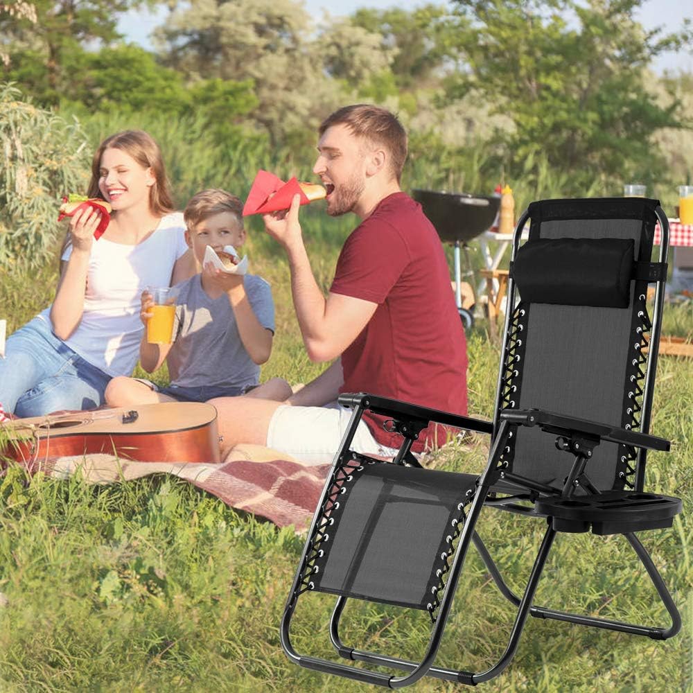 Zero Gravity Chair Patio Chair Lounge Chair Chaise 2 Pack Outdoor Folding Adjustable Recliner Chair with Cup Holder Tray and Pillows for Patio, Pool, Beach, Lawn, Deck, Yard - Black
