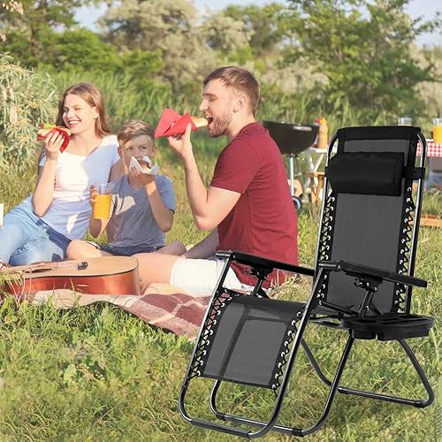 Miniatura 2 de Silla Zero Gravity para patio, tumbona, paquete de 2 sillas reclinables plegables ajustables para exteriores con bandeja portavasos, almohadas para