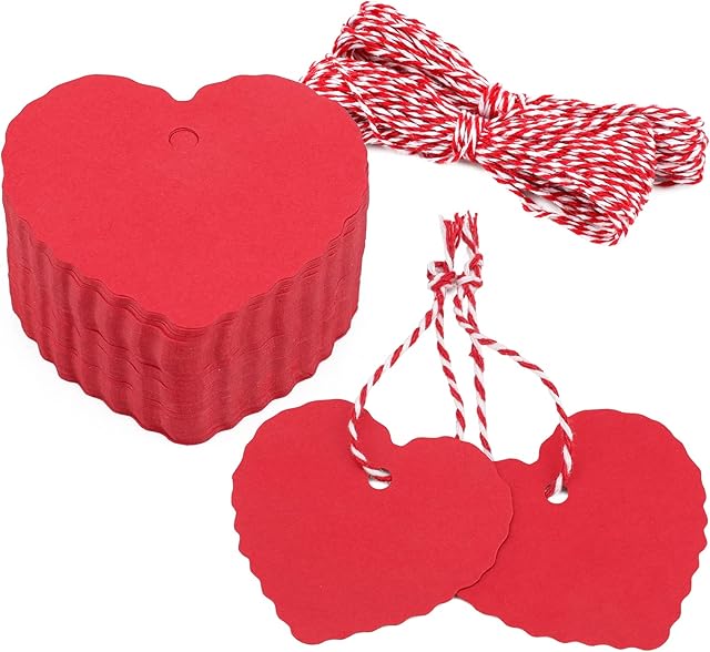 jijAcraft 100PCS Valentines Heart Tags Red Gift Tags,6.5X6CM Wedding Favour Hang Tags with 20M Red and White String for Valentines Day,Mothers' Day or DIY Crafts & Price Tags