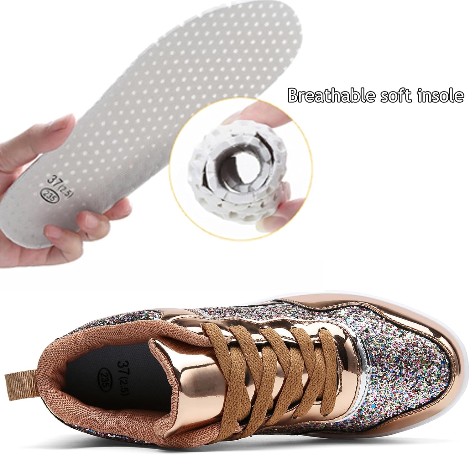 WUIWUIYU Women's Girls' Wedge Platform Shiny PU Sparkly Sequins Glitter Lace-Up Sneakers Street Dance Shoes - Image 5