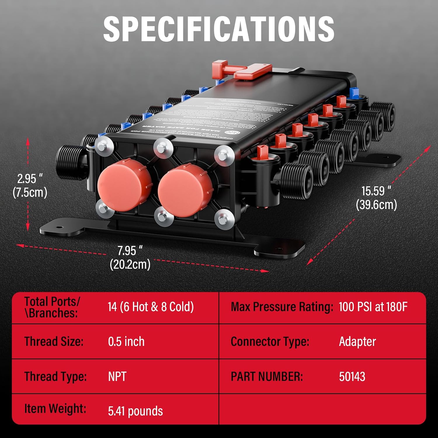 50143 14-Port PEX Manifold | Compatible with viega manabloc | 8 Cold 6 Hot Homerun Distribution with Valves | 3/4" Inlet 1/2" Zero Lead Poly Alloy PEX Crimp | Color-Coded Ports & Non-Corroding Body