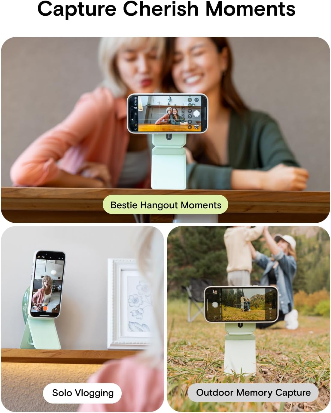 MOFT Phone Stand, Magnetic Phone Tripod Stand Stain-Resistant MOVAS Leather & Angle Adjustment & Strong Magnets Tripod for iPhone 17/16/15/14/13/12 (Included Metal Ring)-Seafoam - Image 4