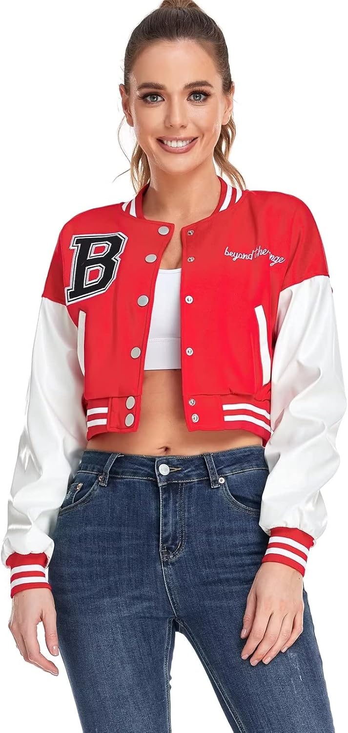 babyhealthy Womens Crop Varsity Jacket Stitched Leather Baseball Bomber Jacket Y2K Streetwear Short Coat - Image 2