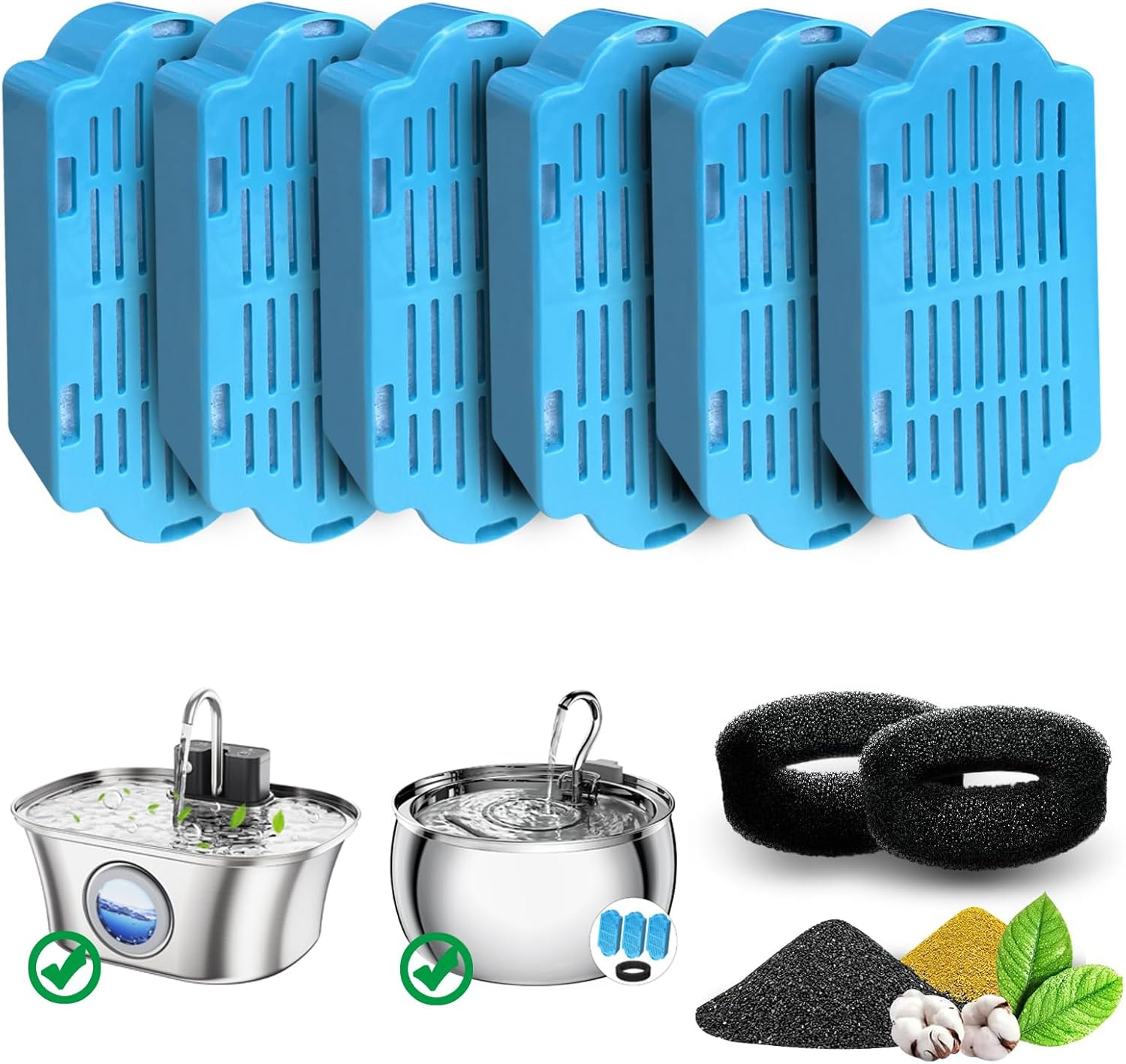 Six blue FWMB cat water fountain filters and two black foam sponges, alongside diagrams of compatible water fountains and filtration materials.