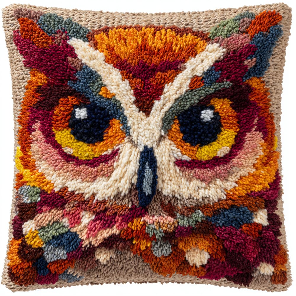 Rqwybcaxn Latch Hook Kit,Snow Owl Latch Hook Kits for Adults DIY Decorative Pillowcase Embroidery Cross Stitch Arts Craft for Home Sofa Furniture 17X17Inch