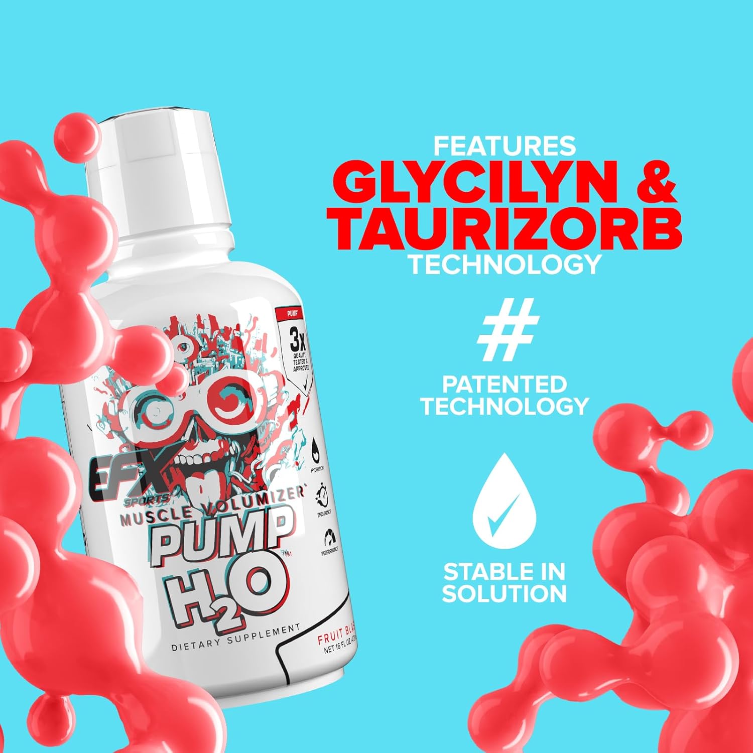 EFX Sports Pump H2O Muscle Volumizer | Clear Liquid Formula | 10g Pure Vegetable Glycerol | Buffered Taurine & Glycine | Zero Sugar | 16 Fl Oz (Fruit Blast)