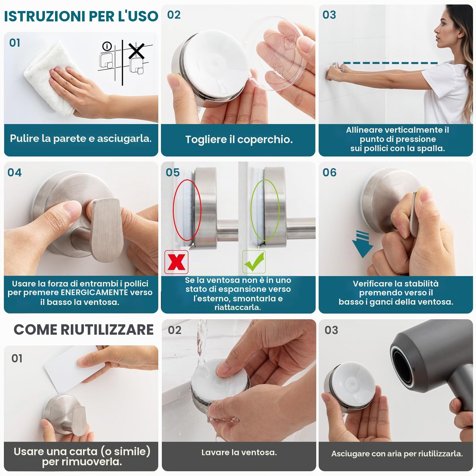 TAILI Ganci per asciugamani da bagno con ventose senza foratura, in acciaio inossidabile, riutilizzabili, ganci per doccia e bagno, impermeabili, resistenti, ganci rimovibili per doccia, cucina