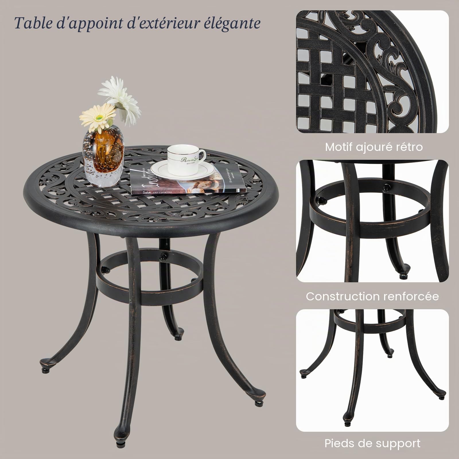 KOMFOTTEU Table de Bistrot Ronde en Fonte d'Aluminium, Table d’Appoint, Cadre en Métal, Charge de 50 kg, Meuble de Jardin, Style Vintage, pour Balcon, Terrasse, Patio, Φ60 x 53 cm (H) (Marron)