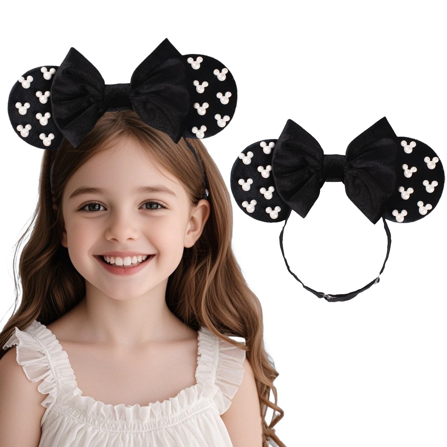 JIAHANG Adjustable Black Mouse Ear Velvet Bow Elastic Headband with Beadings, Fashion Hair Band for Baby Girls Infant Toddlers, Kids